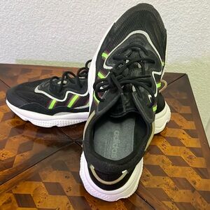 Adidas Black and White Sneakers with Green and Pink Accents